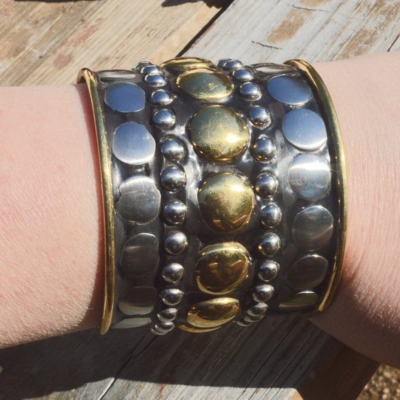 Biker Cuff Silver Brass Wide Bracelet Stud Studded - Picture 8 of 8